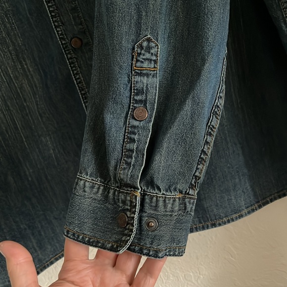 Robert Comstock Vertical Men's Blue Denim Shirt Jacket Snap Closures Distressed - Picture 5 of 16